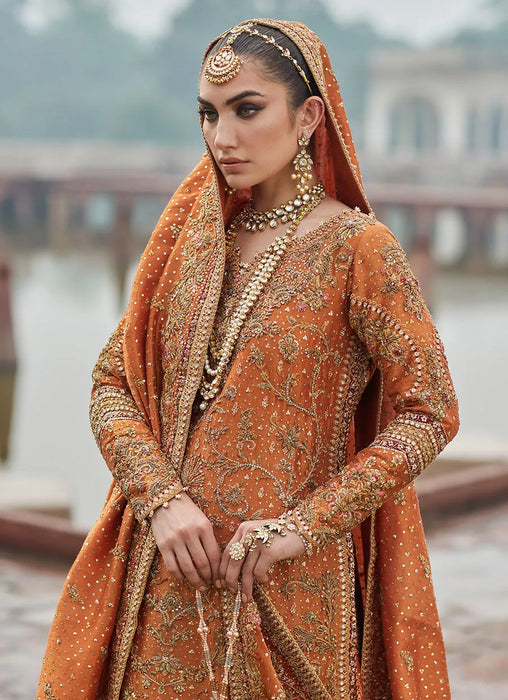 Burnt Orange Zari Net Bridal Lehenga Set