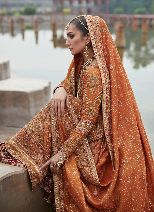 Burnt Orange Zari Net Bridal Lehenga Set