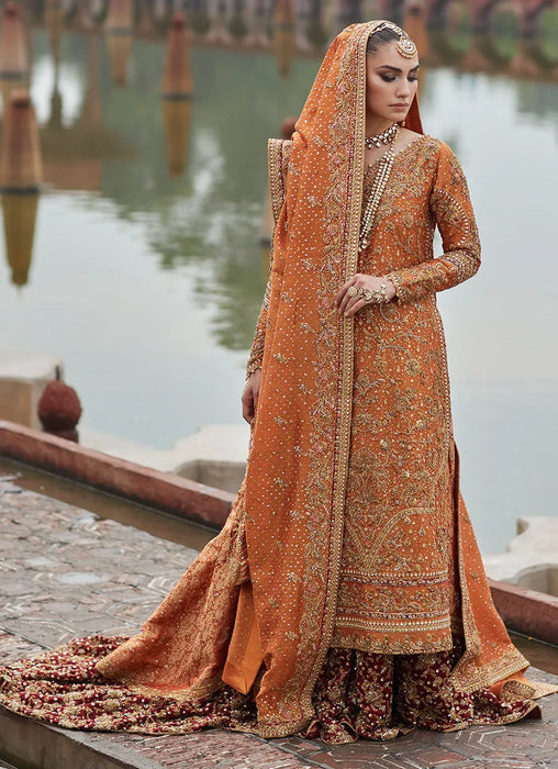 Burnt Orange Zari Net Bridal Lehenga Set