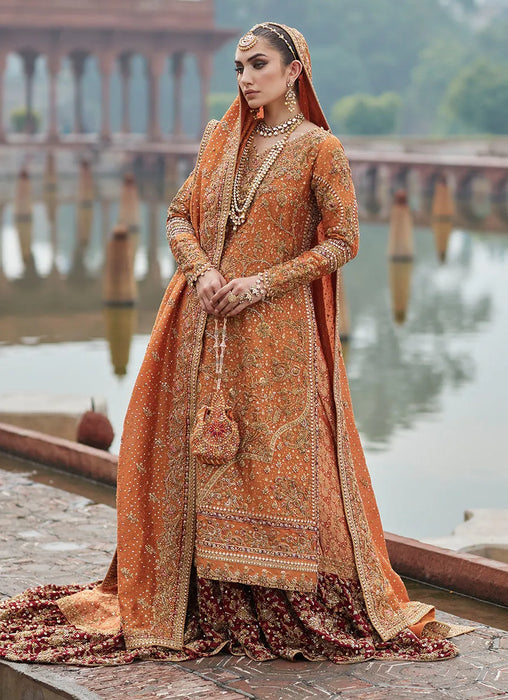 Burnt Orange Zari Net Bridal Lehenga Set