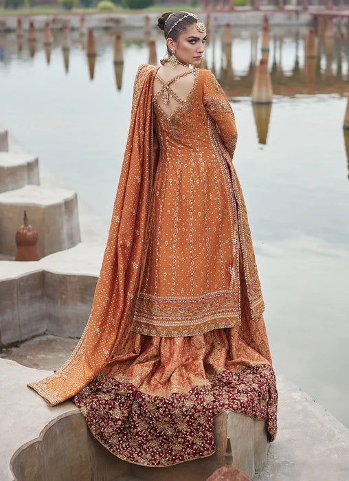 Burnt Orange Zari Net Bridal Lehenga Set