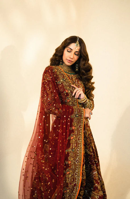 Nazakat – Bridal Embroidered Maroon Lehnga Choli with a Net Dupatta