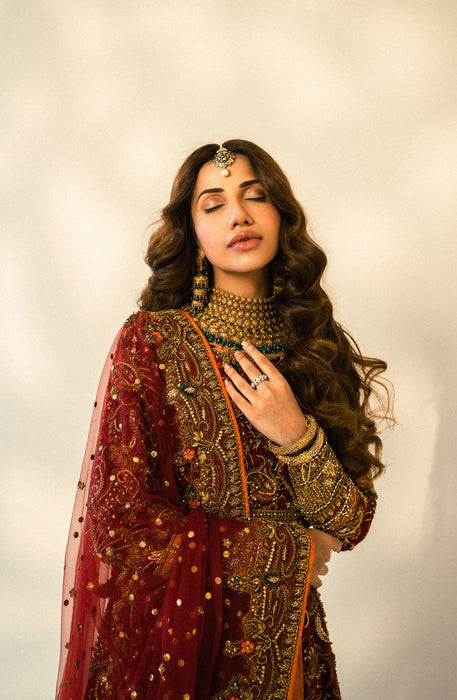 Nazakat – Bridal Embroidered Maroon Lehnga Choli with a Net Dupatta