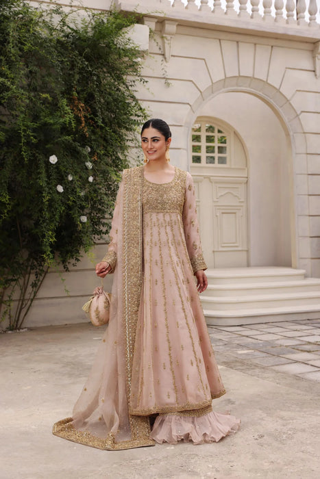 Blush Pink Nikkah Kalidaar Gown with Gold Ada Work