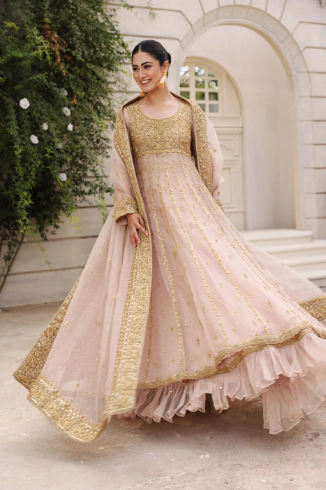 Blush Pink Nikkah Kalidaar Gown with Gold Ada Work