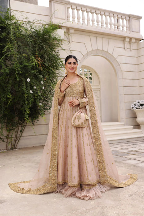 Blush Pink Nikkah Kalidaar Gown with Gold Ada Work
