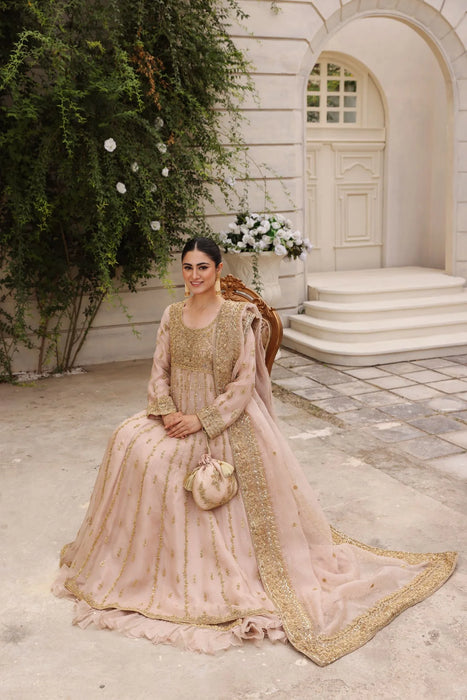 Blush Pink Nikkah Kalidaar Gown with Gold Ada Work