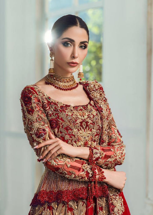 Designer Pakistani Bridal Dress in Embellished Zardozi Worked Maroon Color Lehenga Choli in Peplum Style for Pakistani Bride in Barat Wear