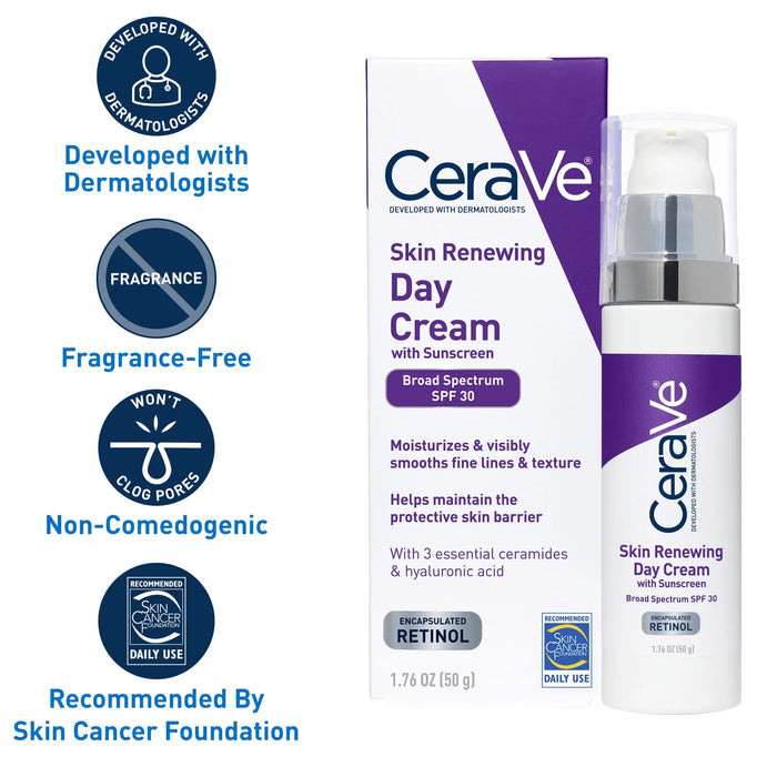 CeraVe Skin Renewing Anti Aging Retinol Cream, Face Moisturizer with SPF 30 1.7 fl oz