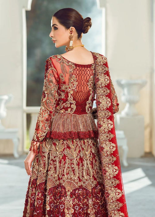 Designer Pakistani Bridal Dress in Embellished Zardozi Worked Maroon Color Lehenga Choli in Peplum Style for Pakistani Bride in Barat Wear