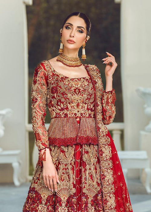 Designer Pakistani Bridal Dress in Embellished Zardozi Worked Maroon Color Lehenga Choli in Peplum Style for Pakistani Bride in Barat Wear